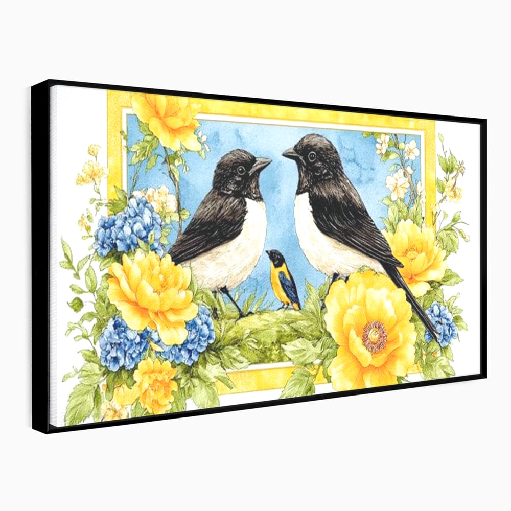 Tablou canvas cu tablou canvas cu pasari si flori, in rama de aluminiu negru